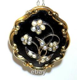 9ct Gold Pearl Diamond Mourning Brooch Pin Cheveux Noir Émail Victorian C1844