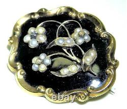 9ct Gold Pearl Diamond Mourning Brooch Pin Cheveux Noir Émail Victorian C1844