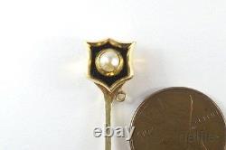 Anticique Anglais Victorien 15k Gold Black Enamel & Pearl Shield Stickpin C1880