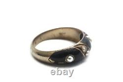 Anticique Taux Victorien Anglais 15k Gold Black Enamel & Pearl Ring C1890
