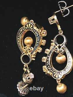 Antique 14k/18k Or Diamond Boucles D'oreilles Noir Émail Dangle Rare Élégant