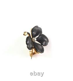 Antique 14k Gold Estate Black Enamel & Pearl Four Leaf Clover Brooch Pin