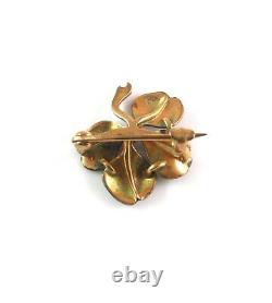 Antique 14k Gold Estate Black Enamel & Pearl Four Leaf Clover Brooch Pin