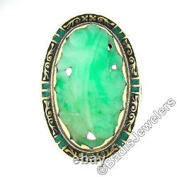 Antique 14k Gold Gia Pierced & Carved Jade Avec Green & Black Enamel Cocktail Ring