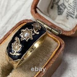 Antique 15ct Gold Black Enamel Pearl Mourning Ring & Antique Box Uk L 1/2