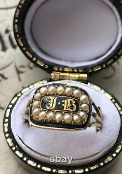 Antique 1825 Black Enamel Gold Georgain Maurning Ring Set Avec Perles Naturelles