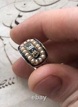 Antique 1825 Black Enamel Gold Georgain Maurning Ring Set Avec Perles Naturelles