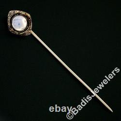 Antique Art Déco 14k White Gold Blue Moonstone Black Émail Gravé Stick Pin