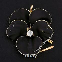 Antique Art Nouveau 14k Gold Diamond Black Enamel Pansy Flower Broche Pendentif