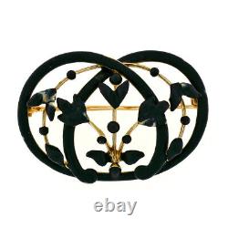 Antique Art Nouveau 14k Gold Matte Black Enamel Flower Leaf Open Work Brooch Pin