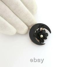Antique Black Enamel & Pearl Rose Or Jaune 14k Et Épingle À Broches Lune