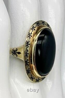 Antique Edwardian 1900s 15ct Black Onyx Fleur De Lis Enamel 14k Yellow Gold Ring