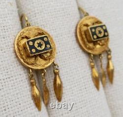 Antique Gold 18k Victorian Dangle Star Earrings Taille D'epargne Black Enamel