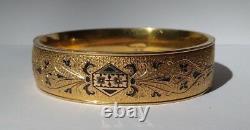 Antique Gold Fill Gravé Floral Design Black Enamel Hinged Bangle Bracelet