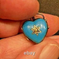 Antique Gold Heart Charm Locket Turquoise & Black Enamel Seed Pearl Bin