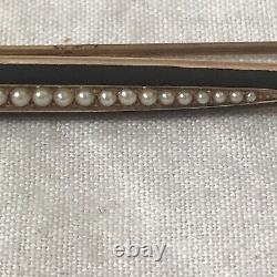 Antique Krementz 14k Or Black Enamel And Seed Pearl Bar Pin Brooch