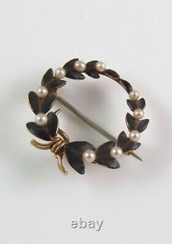 Antique Or 14k Henry Kohn & Sons Black Enamel & Pearl Wreath Watch Pin Brooch