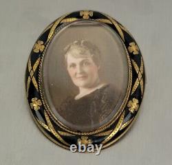 Antique Or 14k Victorian & Black Enamel Lady Portrait Brooch Pin Du Matin