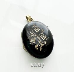 Antique. Pendentif En Or Jaune 14k Victorien Et En Émanel Noir Avec Perles De Graines