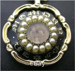 Antique Pendentif Mourning Or 9 Ct Perles De Graine Noire Émail Belle Boîte De Cheveux