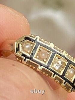 Antique Tested Gold Split Pearl Rose Cut Diamond Black Enamel Ring -uk Taille G