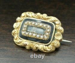 Antique Victorian 14k Gold Mourning Brooch, Black Enamel, Pearls & Hair Art
