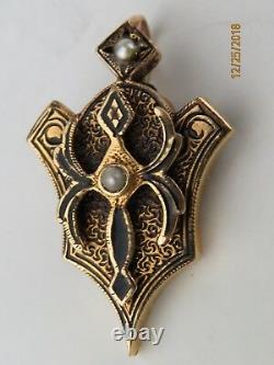 Antique Victorian 14k Gold Seed Pearl Pendentif En Émail Noir