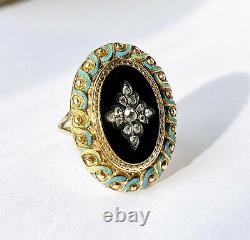 Antique Victorian 14k Or Noir Turquoise Émail Rose Cut Diamond Star Ring 5.5
