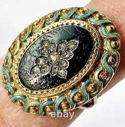 Antique Victorian 14k Or Noir Turquoise Émail Rose Cut Diamond Star Ring 5.5