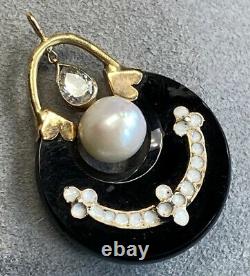 Antique Victorian 14k Rose Or Diamond Pearl Onyx Blanc Pendentif En Émail