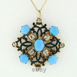Antique Victorian 18k Gold Mine Diamond Turquoise & Black Enamel Pendentif Ouvert