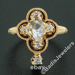 Antique Victorian 18k Or Pear Rose Cut Diamond Avec Black Enamel Quatrefoil Ring