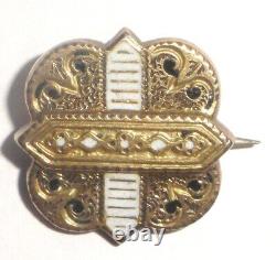 Antique Victorian 8k Gold Brooch Pin Étrusque Design Noir Et Blanc Enamel