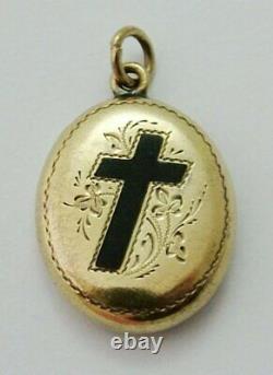 Antique Victorian C1890 12ct Gold Mourning Locket With Black Enamel Cross