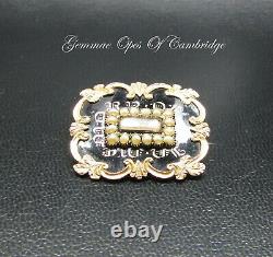 Antique Victorian Mourning 12ct Gold Brooch Enamel Seed Pearl Hair Locket C1840s