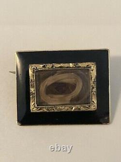 Antique Victorian Mourning Brooch, Centre De Cheveux 14k Gold & Black Émail Pin 6gms