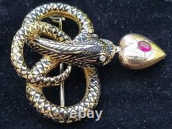 Antique Victorien 18k Or Enamel Snake Snake Heart Mourning Broche Broche Pin 8.5gm