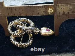 Antique Victorien 18k Or Enamel Snake Snake Heart Mourning Broche Broche Pin 8.5gm