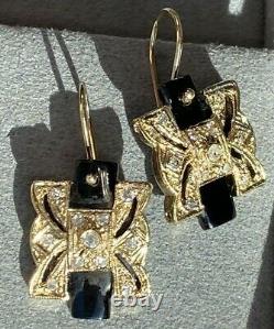 Antique Victorienne Pierced 18k Or Jaune Diamant Boucles D'oreilles Noir Onyx Dangle