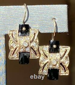Antique Victorienne Pierced 18k Or Jaune Diamant Boucles D'oreilles Noir Onyx Dangle