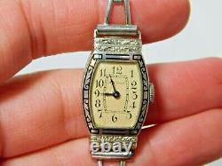 Antique Waltham Hadsworth Femme Wristwatch Enamel 14k Cas D'or Blanc 1i 33