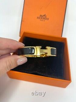 Authentique Hermes CLIC H Enamel Bracelet Gold Narrow Bangle Black Pm Brand Nouveau