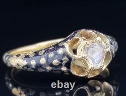 Bague en or géorgien 14K avec diamant taillé en rose, serpent noir émaillé et dos en feuille, taille 6.
