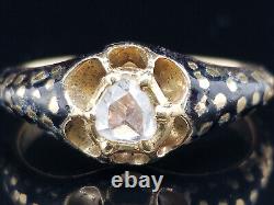Bague en or géorgien 14K avec diamant taillé en rose, serpent noir émaillé et dos en feuille, taille 6.