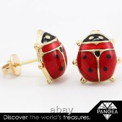 Boucles D’oreilles 14k Solid Yellow Gold Red & Black Enamel Ladybug 2,7 Grammes
