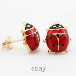 Boucles D’oreilles 14k Solid Yellow Gold Red & Black Enamel Ladybug 2,7 Grammes