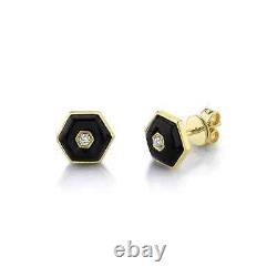 Boucles D'oreilles Noir Onyx Diamond Stud 14k Or Jaune Hexagon 6 Côté 2.01 Tcw