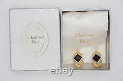 Christian Dior Vintage 1980s Black Cube Crystals Boucles D'oreilles Diamond Clip, Or