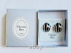 Christian Dior Vintage 1980s Black Enamel Shell Fan Retro Clip Sur Boucles D'oreilles, Or