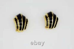 Christian Dior Vintage 1980s Black Enamel Shell Fan Retro Clip Sur Boucles D'oreilles, Or